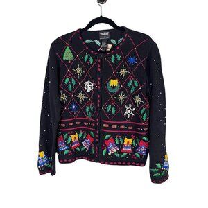 Vintage Christmas Sweater S Black Festive Holiday Retro Classic Old Money Preppy